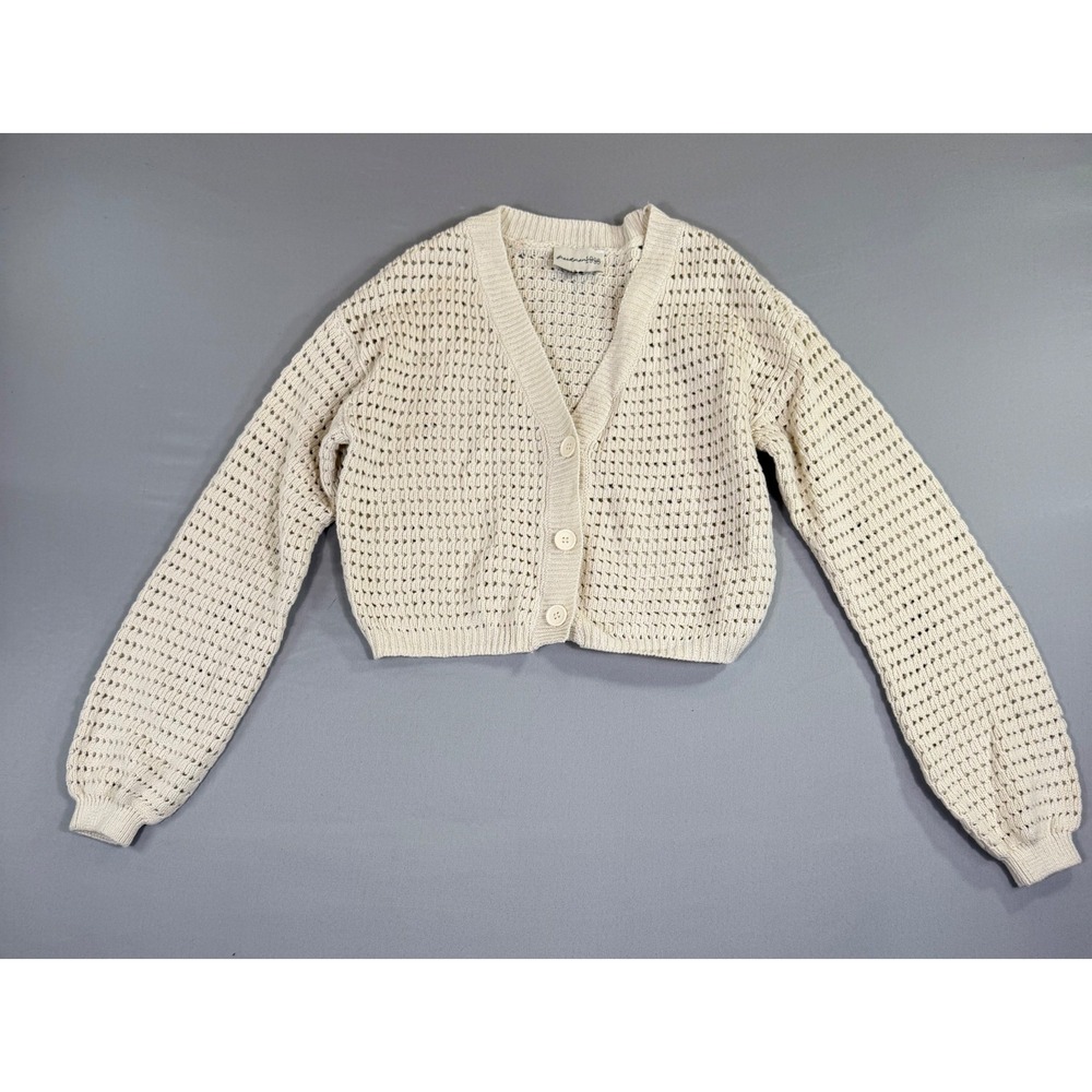 Open Knit Cropped Cardigan Womens Small Cream Boho Coastal Cottagecore Crochet